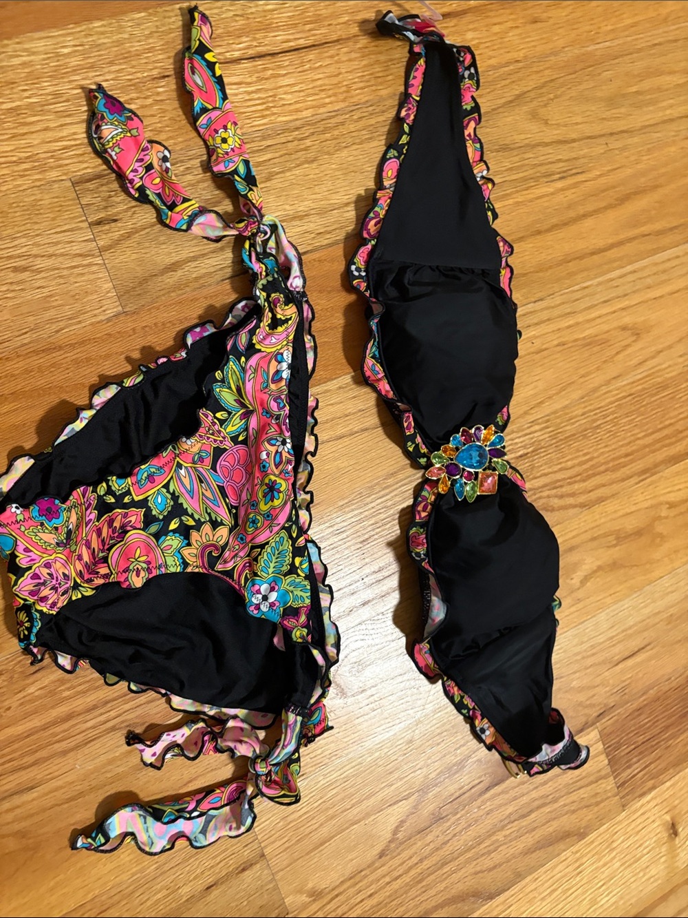 Victoria's Secret Black Bikini with Multicolor Floral Trim & Jeweled Accent